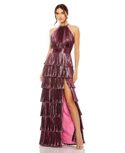 Shop Mac Duggal Women's Ieena Heat Pleated Tiered Ruffle Metallic Gown In Rose