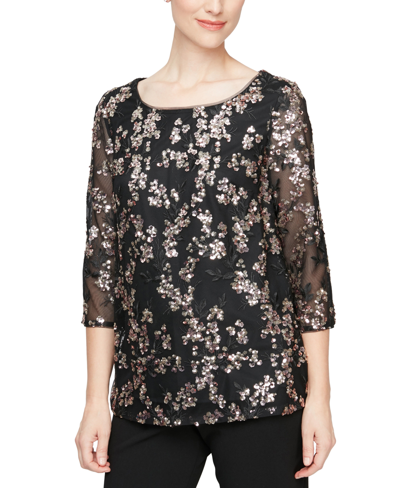 Shop Alex Evenings Embroidered Sequin 3/4-sleeve Top In Black,copper