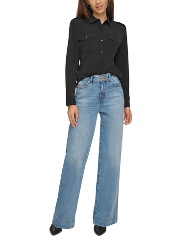 Shop Karl Lagerfeld Women's Epaulette Button Up Shirt In Black