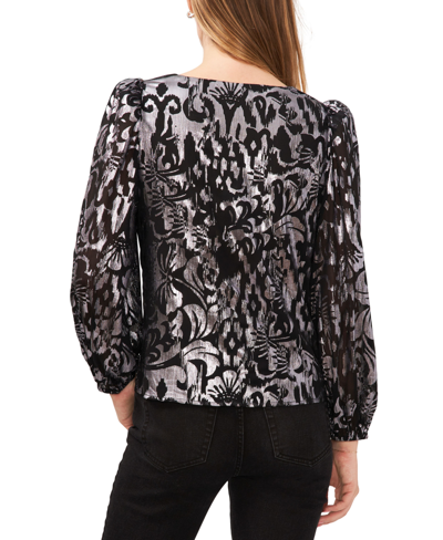 Shop 1.state Women's Metallic-print Puff-sleeve V-neck Blouse In Rich Black