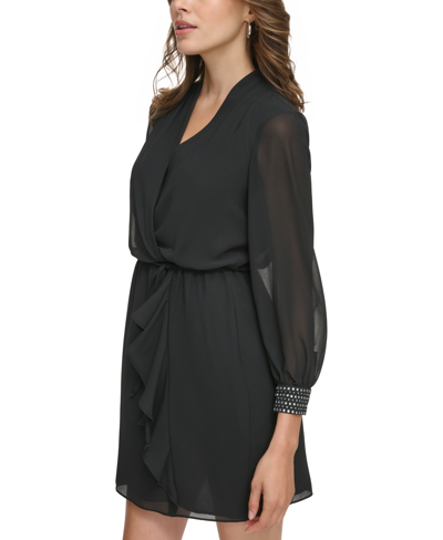 Shop Jessica Howard Petite Studded-cuff Long-sleeve Dress In Black