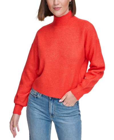 Shop Calvin Klein Jeans Est.1978 Women's Boxy Cropped Long Sleeve Mock Neck Sweater In Spicy Orange