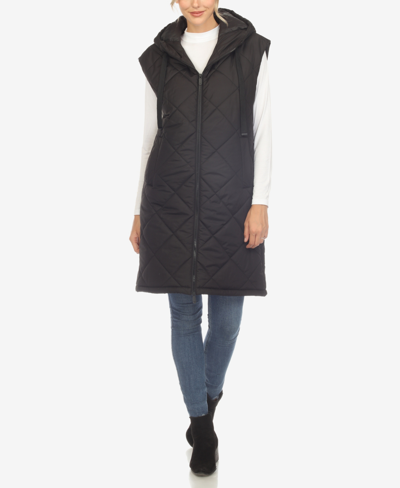 Shop White Mark Women's Diamond Quilted Hooded Long Puffer Vest Jacket In Black