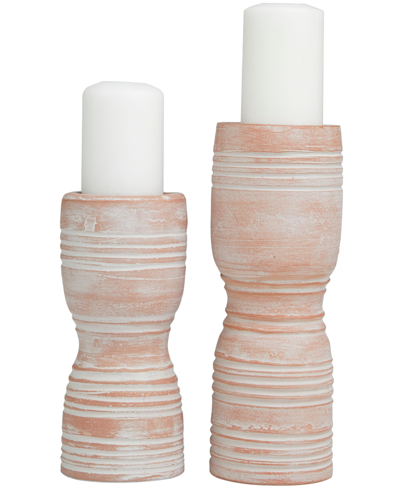 Shop Rosemary Lane Ceramic Whitewashed Ribbed Terracotta Candle Holder 11" And 9" H, Set Of 2 In Pink