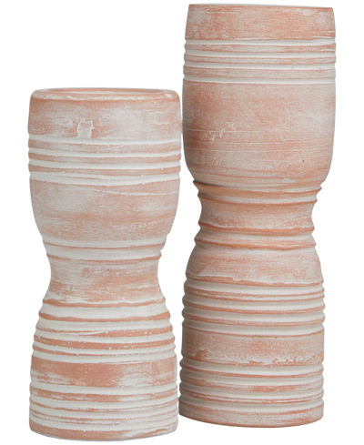 Rosemary Lane Ceramic Whitewashed Ribbed Terracotta Candle Holder 11" And 9" H, Set Of 2 In Pink