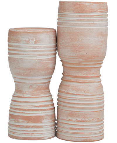 Rosemary Lane Ceramic Whitewashed Ribbed Terracotta Candle Holder 11" And 9" H, Set Of 2 In Pink
