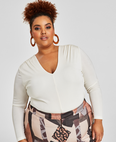 Shop Nina Parker Trendy Plus Size V-neck Long-sleeve Top In Egret