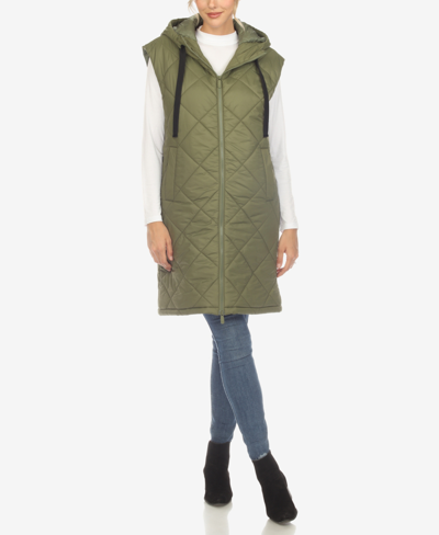 Shop White Mark Women's Diamond Quilted Hooded Long Puffer Vest Jacket In Olive