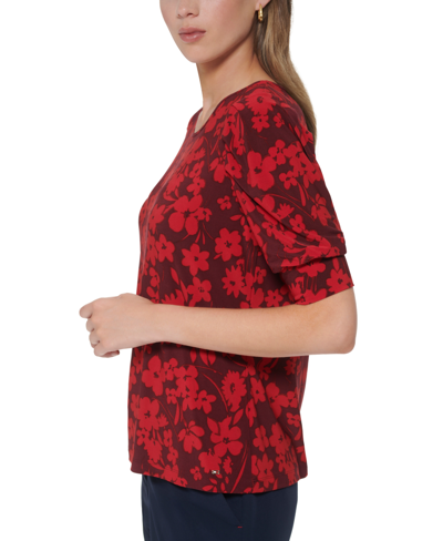 Shop Tommy Hilfiger Women's Floral Print Puff-sleeve Top In Winetasting,chili Pepper
