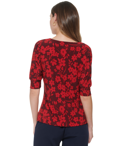 Shop Tommy Hilfiger Women's Floral Print Puff-sleeve Top In Winetasting,chili Pepper