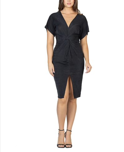 24seven Comfort Apparel Plus Size Short Sleeve V-neck Twist Front Split Hem Dress In Black