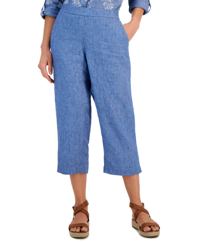 Shop Charter Club Women's 100% Linen Solid Cropped Pull-on Pants, Created For Macy's In Blue Ocean