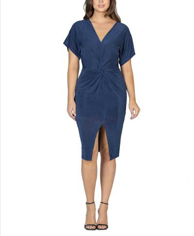 Shop 24seven Comfort Apparel Women's Short Sleeve V-neck Twist Front Dress In Navy
