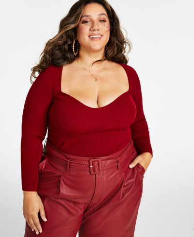 Shop Nina Parker Trendy Plus Size Ribbed Sweetheart-neck Top In Burgundy