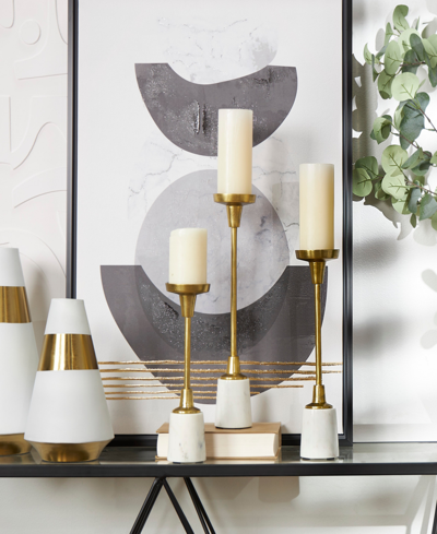 Rosemary Lane Aluminum Slim Candle Holder With White Marble Base 15", 13" And 11"h, Set Of 3 In Gold