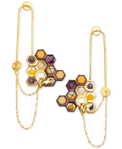 Shop Nectar Nectar New York 18k Gold-plated Mixed Gemstone Honeycomb & Chain Drop Earrings In Yw Gld
