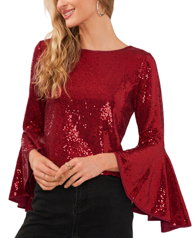 Shop Vince Camuto Plus Size Metallic Knit Flutter Sleeve Top In Ultra Red