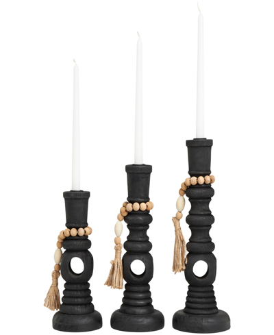 Shop Rosemary Lane Wood Handmade Textured Matte Candle Holder With Beaded Garland Accent 14", 12" And 10" H, Set Of 3 In Black
