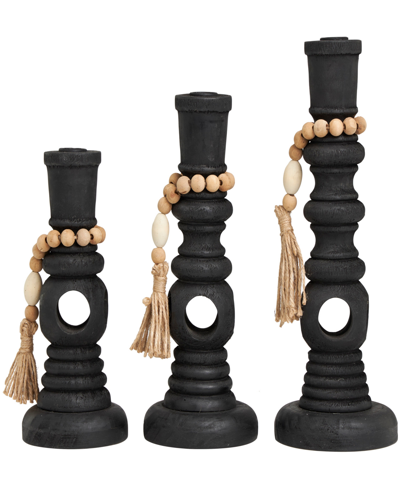 Rosemary Lane Wood Handmade Textured Matte Candle Holder With Beaded Garland Accent 14", 12" And 10" H, Set Of 3 In Black