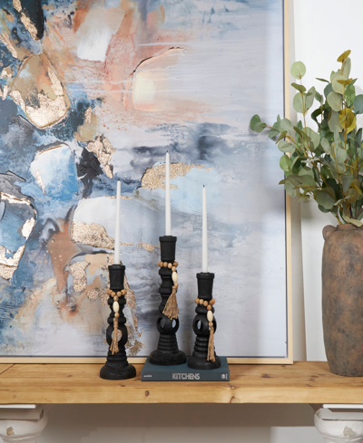 Rosemary Lane Wood Handmade Textured Matte Candle Holder With Beaded Garland Accent 14", 12" And 10" H, Set Of 3 In Black