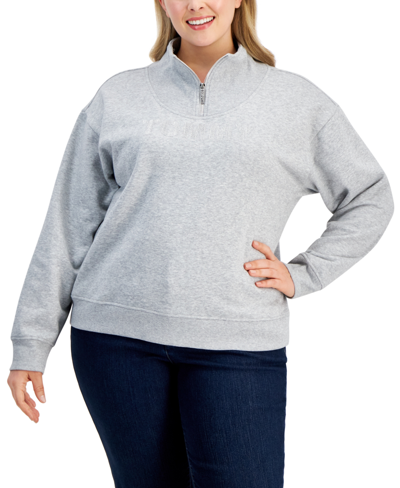 Shop Tommy Hilfiger Plus Size Logo Quarter-zip Sweatshirt In Stone Grey Heather