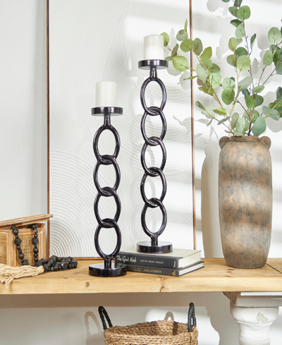 Rosemary Lane Aluminum Chain Link Geometric Candle Holder 23" And 19" H, Set Of 2 In Dark Gray