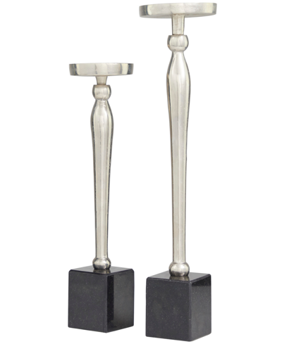Rosemary Lane Aluminum Slim Candle Holder With Black Marble Base 17" And 14" H, Set Of 2 In Silver