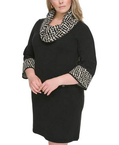 Shop Jessica Howard Plus Size Contrast Cowlneck Sweater Dress In Black Taupe