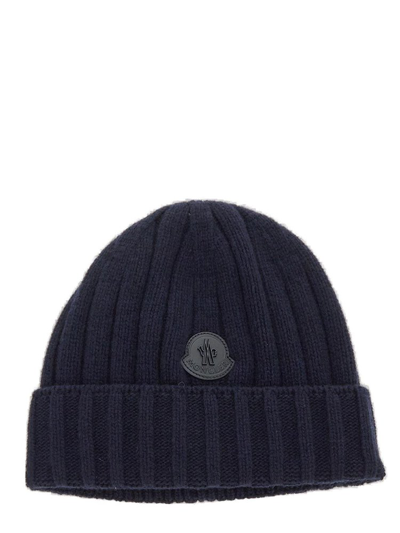 Shop Moncler Logo Patch Knitted Beanie In Navy