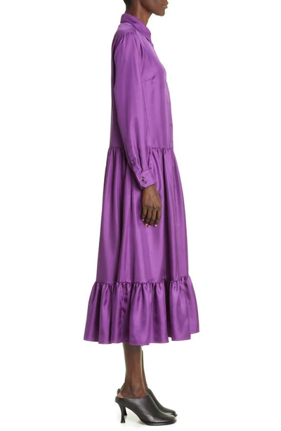 Max Mara Flounce Hem Long Sleeve Silk Shirtdress In Purple