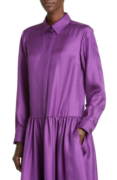 Max Mara Flounce Hem Long Sleeve Silk Shirtdress In Purple