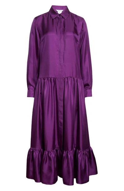 Max Mara Flounce Hem Long Sleeve Silk Shirtdress In Purple