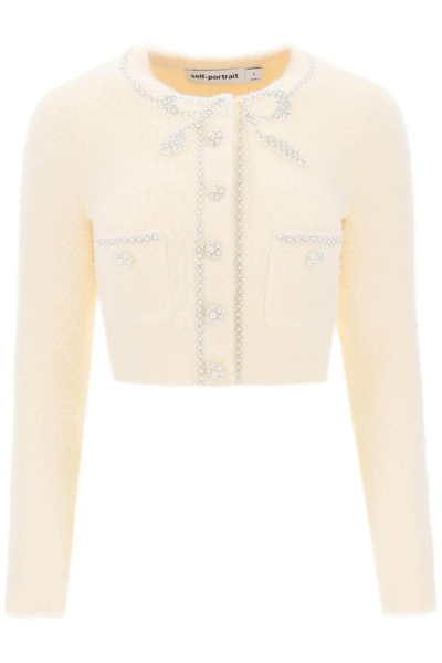 Shop Self-portrait Beaded Cropped Cardigan In White