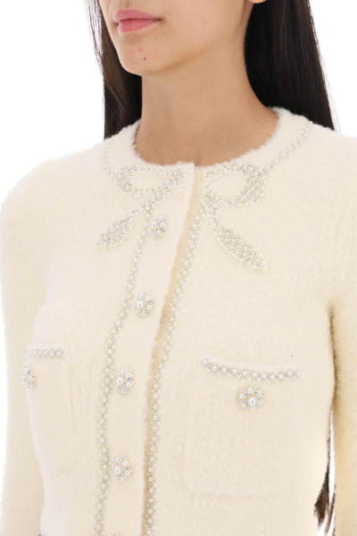 Shop Self-portrait Beaded Cropped Cardigan In White