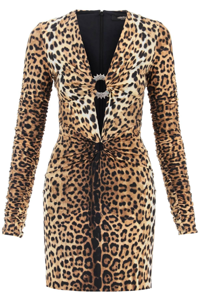 Shop Roberto Cavalli Leopard Jersey Mini Dress In Beige,black