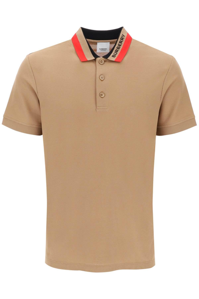 Shop Burberry Edney Polo Shirt With Striped Collar In Beige