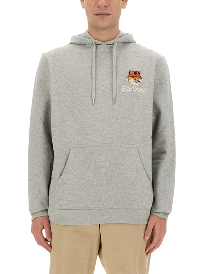 Shop Barbour X Maison Kitsuné Fox Head Embroidered Hoodie In Grey
