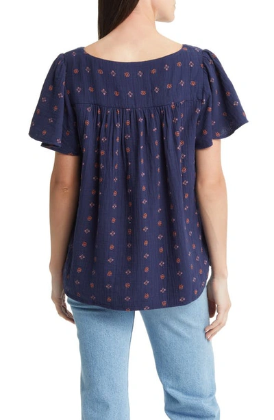 Caslon Square Neck Cotton Blouse In Navy Peacoat- Rust Ditsy Geo