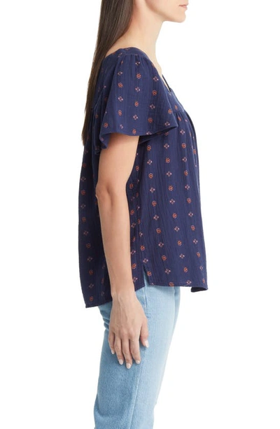 Caslon Square Neck Cotton Blouse In Navy Peacoat- Rust Ditsy Geo