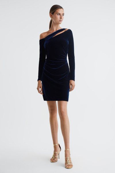 Shop Reiss Camilla - Navy Velvet Off-the-shoulder Mini Dress, Us 8