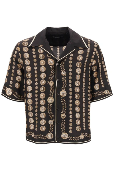 Shop Dolce & Gabbana Coin Print Silk Short Sleeve Shirt In Brown
