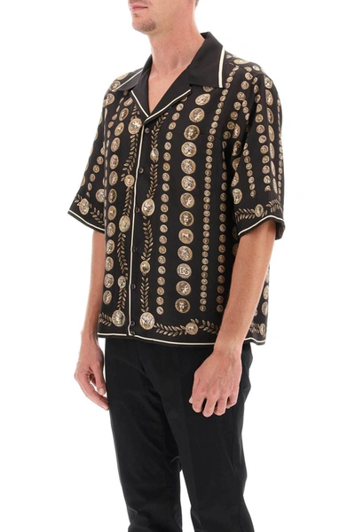 Shop Dolce & Gabbana Coin Print Silk Short Sleeve Shirt In Brown