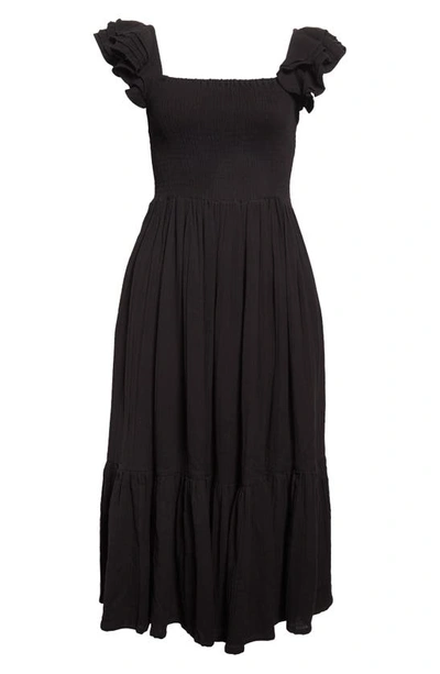 Shop Mille Olympia Smocked Midi Dress In Black Double Gauze