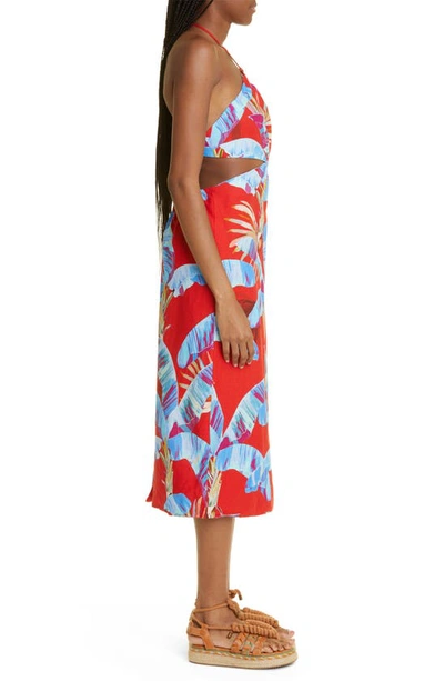 Shop Farm Rio Sweet Jungle Frond Print Linen Blend Halter Dress In Sweet Jungle Red