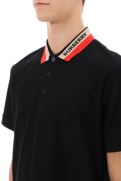 Shop Burberry Edney Polo Shirt With Striped Collar In Black