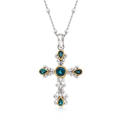 Shop Ross-simons London Blue Topaz Cross Pendant Necklace In Sterling Silver And 14kt Yellow Gold