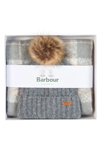 Barbour Saltburn Tartan Scarf & Beanie Knitted Set In Grey Rose