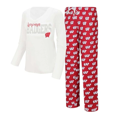Shop Concepts Sport White/red Wisconsin Badgers Long Sleeve V-neck T-shirt & Gauge Pants Sleep Set