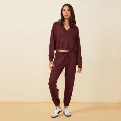 Monrow Supersoft Fleece V Hoody With Silky Piping In Merlot