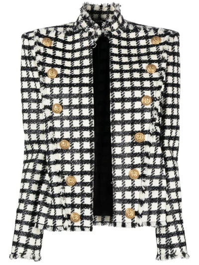 Shop Balmain Side Checked Tweed Jacket In Nude &amp; Neutrals